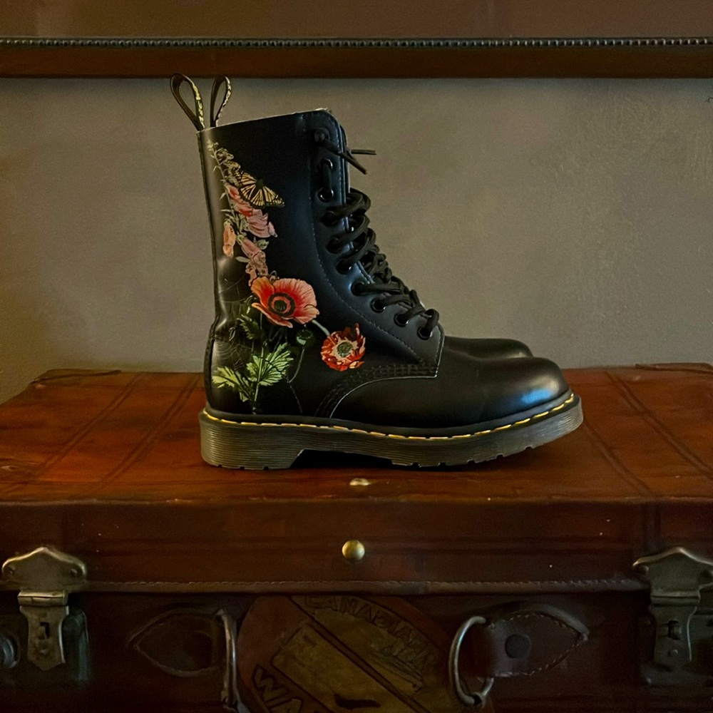 Vegan Leather Doc Martens with Flower and Insect Design